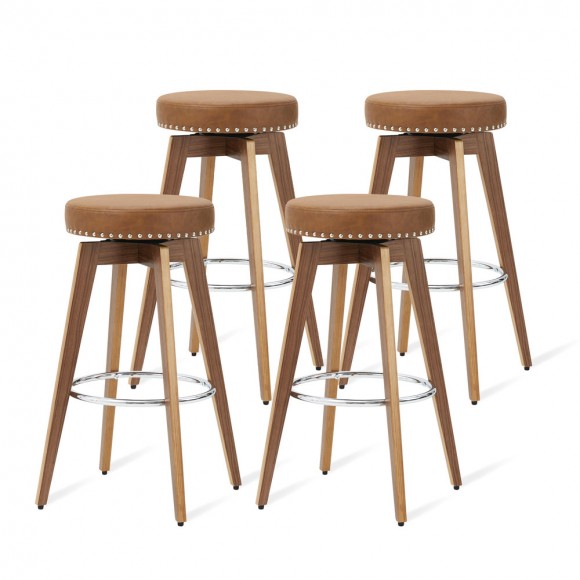 glitzhome Glitzhome Set of 4 Round Swivel Bar Stool with Brown Leatherette Seat and Composite Wood Legs