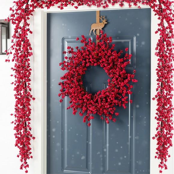 Glitzhome Glitzhome Set Of 5 41"H Christmas Berry Porch Tree Set And Matched 6ft Garland Set And Matched 25"D Christmas Red Berries Wreath