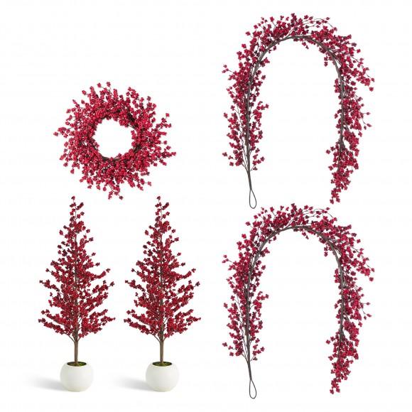 glitzhome Glitzhome Set of 5 41"H Christmas berry Porch Tree Set and matched 6ft Garland set and matched 25"D Christmas Red Berries Wreath