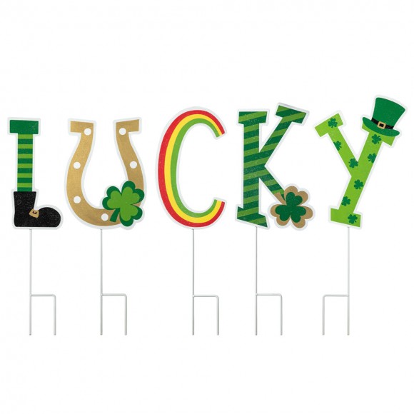 glitzhome Glitzhome Set of 5 St. Patrick's Metal "Lucky" Yard Stake or Wall Decor