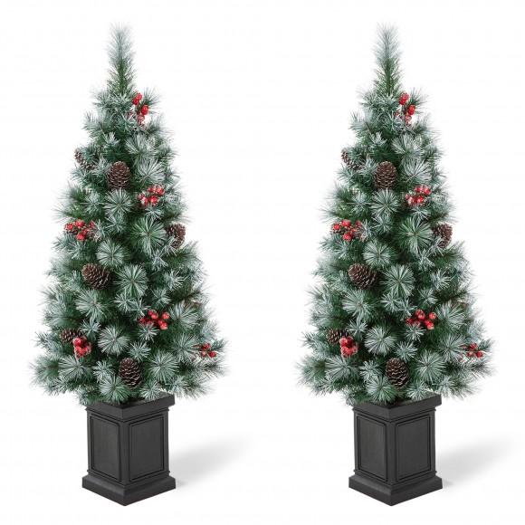 glitzhome Glitzhome Set of Two 4ft Pre-Lit Pine Artificial Christmas Porch Tree with 80 Warm White Lights Pinecones and Red Berries