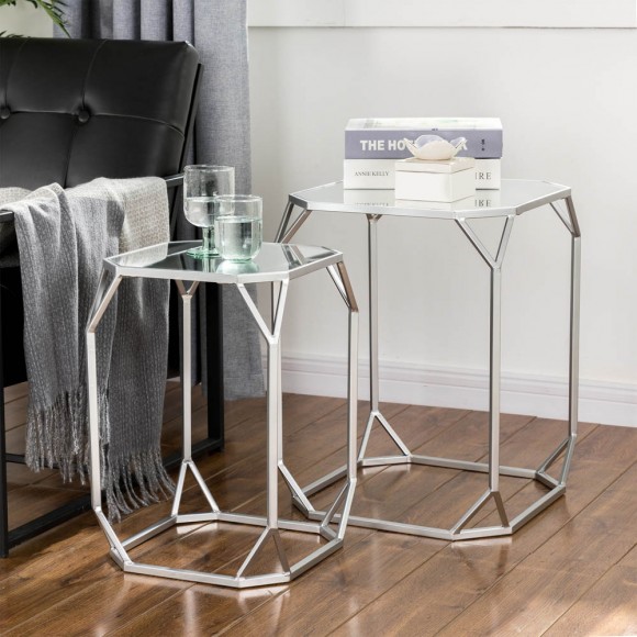 Glitzhome Glitzhome Silver Metal Nesting Side & End Accent Table With Glass Top Set Of 2
