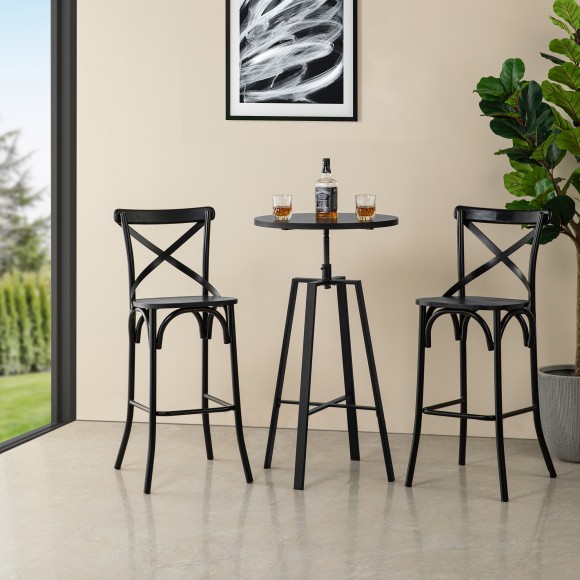 Glitzhome Glitzhome SSet Of 3 Pub Table Set - Industrial Modern Adjustable Round Bar Table With Black Oak Veneer Top And Black Steel Bar Stools