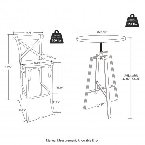 Glitzhome Glitzhome SSet Of 3 Pub Table Set - Industrial Modern Adjustable Round Bar Table With Black Oak Veneer Top And Black Steel Bar Stools