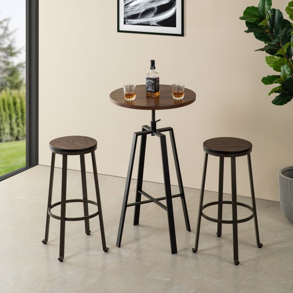 Glitzhome Glitzhome SSet Of 3 Pub Table Set - Industrial Modern Adjustable Round Bar Table With Walnut Veneer Top And Round Rustic Steel Bar Stools