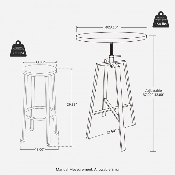 Glitzhome Glitzhome SSet Of 3 Pub Table Set - Industrial Modern Adjustable Round Bar Table With Walnut Veneer Top And Round Rustic Steel Bar Stools