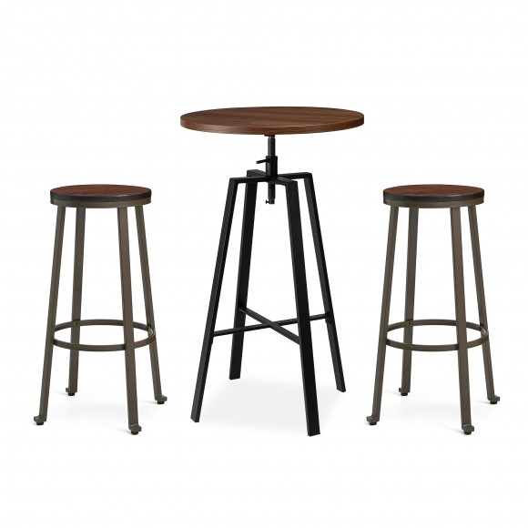 glitzhome Glitzhome SSet of 3 Pub Table Set - Industrial Modern Adjustable Round Bar Table with Walnut Veneer Top and Round Rustic Steel Bar Stools