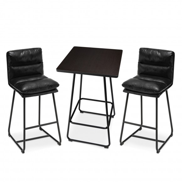 Glitzhome Glitzhome SSet Of 3 Pub Table Set - Industrial Modern Square Bar Table With Black Oak Veneer Top And Black Thick Leatherette Bar Stools