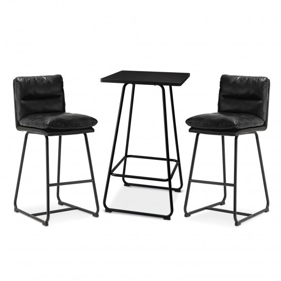 glitzhome Glitzhome SSet of 3 Pub Table Set - Industrial Modern Square Bar Table with Black Oak Veneer Top and Black Thick Leatherette Bar Stools