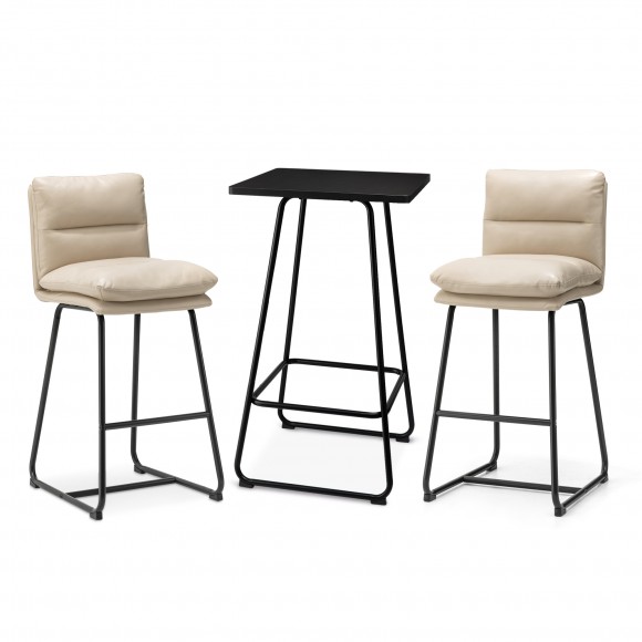 glitzhome Glitzhome SSet of 3 Pub Table Set - Industrial Modern Square Bar Table with Black Oak Veneer Top and Cream Thick Leatherette Bar Stools
