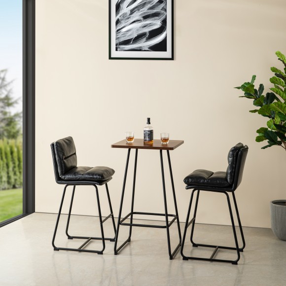 Glitzhome Glitzhome SSet Of 3 Pub Table Set - Industrial Modern Square Bar Table With Walnut Veneer Top And Black Thick Leatherette Bar Stools