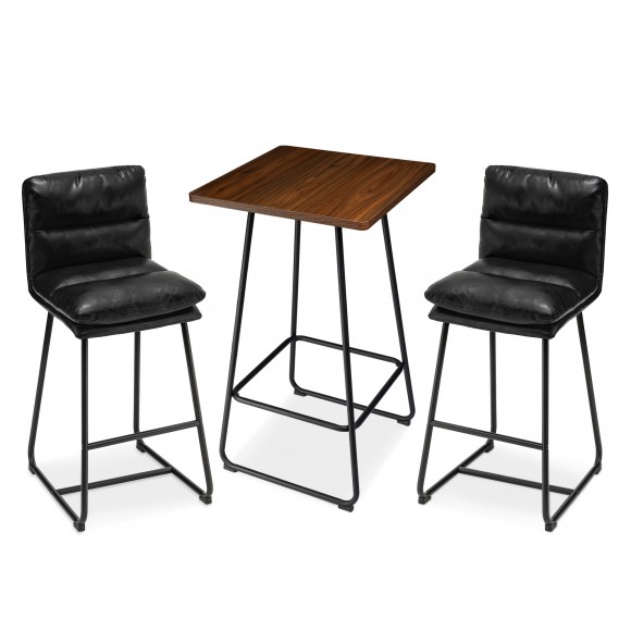 Glitzhome Glitzhome SSet Of 3 Pub Table Set - Industrial Modern Square Bar Table With Walnut Veneer Top And Black Thick Leatherette Bar Stools