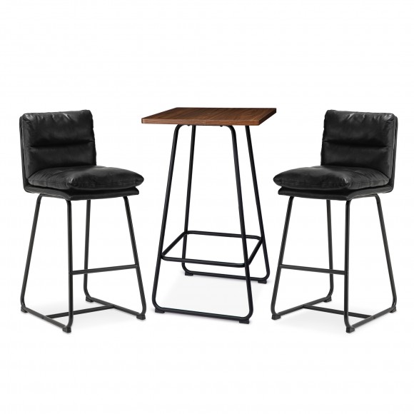 glitzhome Glitzhome SSet of 3 Pub Table Set - Industrial Modern Square Bar Table with Walnut Veneer Top and Black Thick Leatherette Bar Stools