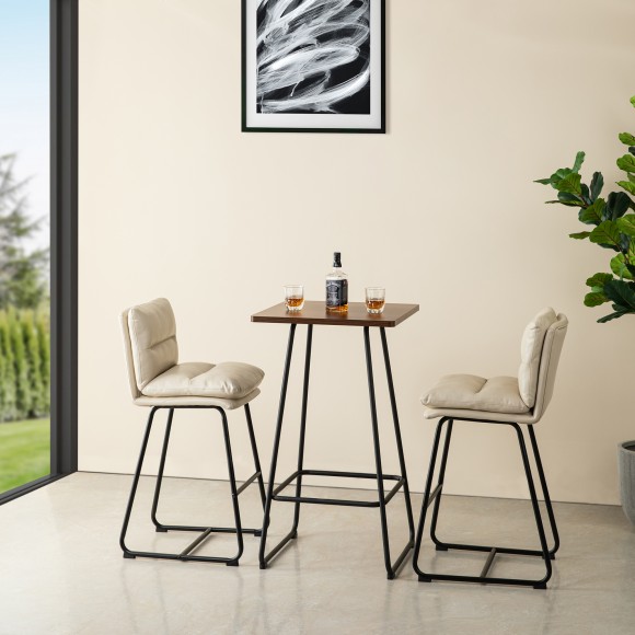 Glitzhome Glitzhome SSet Of 3 Pub Table Set - Industrial Modern Square Bar Table With Walnut Veneer Top And Cream Thick Leatherette Bar Stools