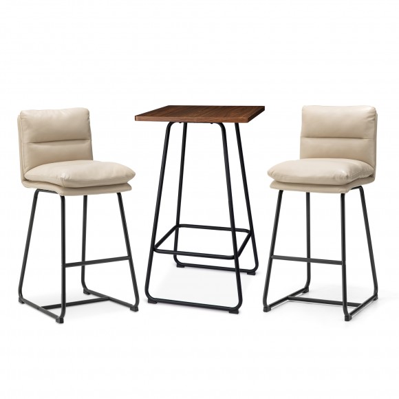 glitzhome Glitzhome SSet of 3 Pub Table Set - Industrial Modern Square Bar Table with Walnut Veneer Top and Cream Thick Leatherette Bar Stools