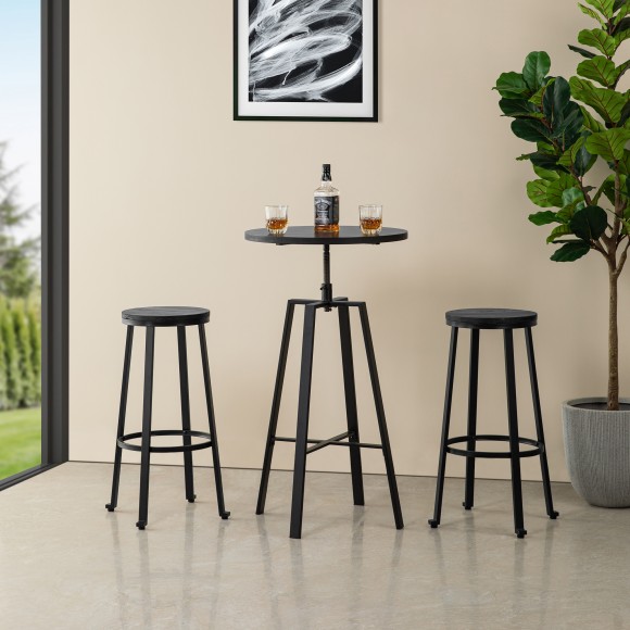 Glitzhome Glitzhome SSet Of 3 Pub Table Set - Industrial Modern Adjustable Round Bar Table With Black Oak Veneer Top And Round Black Steel Bar Stools