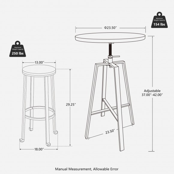 Glitzhome Glitzhome SSet Of 3 Pub Table Set - Industrial Modern Adjustable Round Bar Table With Black Oak Veneer Top And Round Black Steel Bar Stools