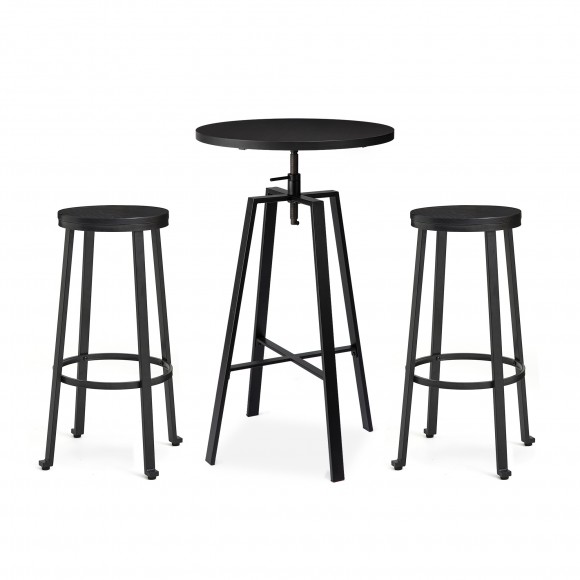 glitzhome Glitzhome SSet of 3 Pub Table Set - Industrial Modern Adjustable Round Bar Table with Black Oak Veneer Top and Round Black Steel Bar Stools