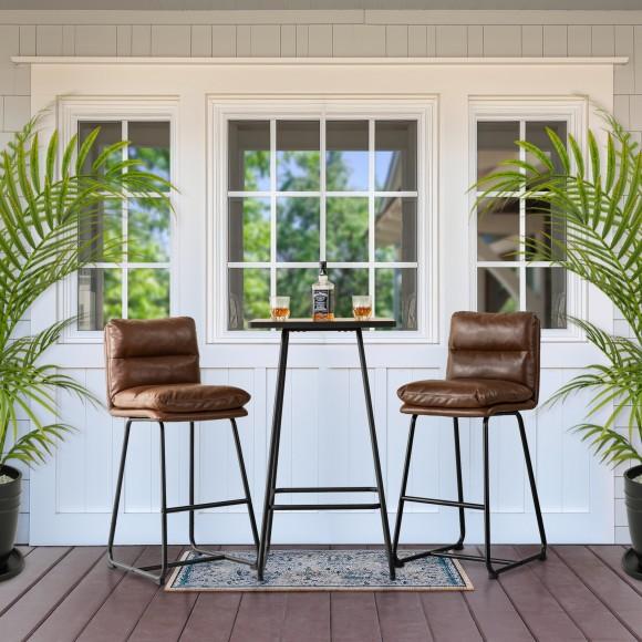 Glitzhome Glitzhome SSet Of 3 Pub Table Set - Industrial Modern Square Bar Table With Black Oak Veneer Top And Brown Thick Leatherette Bar Stools