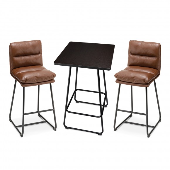 Glitzhome Glitzhome SSet Of 3 Pub Table Set - Industrial Modern Square Bar Table With Black Oak Veneer Top And Brown Thick Leatherette Bar Stools
