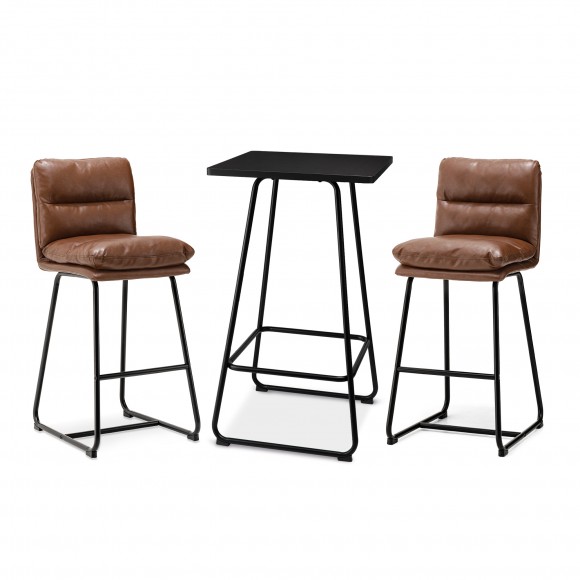 glitzhome Glitzhome SSet of 3 Pub Table Set - Industrial Modern Square Bar Table with Black Oak Veneer Top and Brown Thick Leatherette Bar Stools