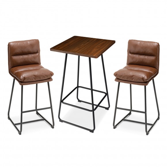 Glitzhome Glitzhome SSet Of 3 Pub Table Set - Industrial Modern Square Bar Table With Walnut Veneer Top And Brown Thick Leatherette Bar Stools