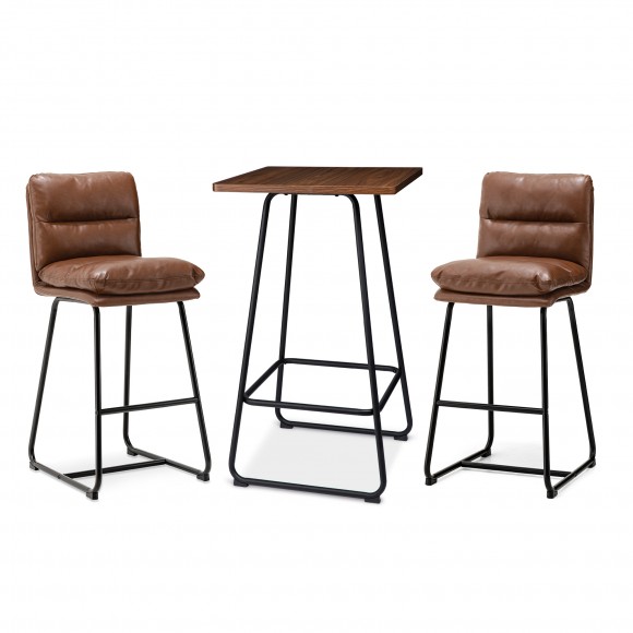 glitzhome Glitzhome SSet of 3 Pub Table Set - Industrial Modern Square Bar Table with Walnut Veneer Top and Brown Thick Leatherette Bar Stools