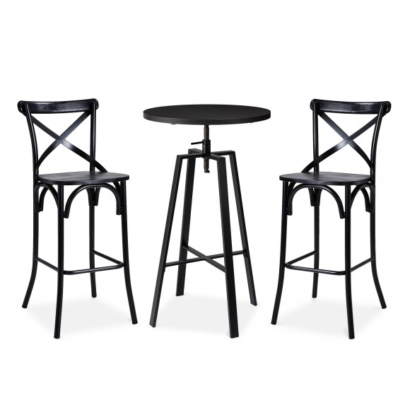glitzhome Glitzhome SSet of 3 Pub Table Set - Industrial Modern Adjustable Round Bar Table with Black Oak Veneer Top and Black Steel Bar Stools