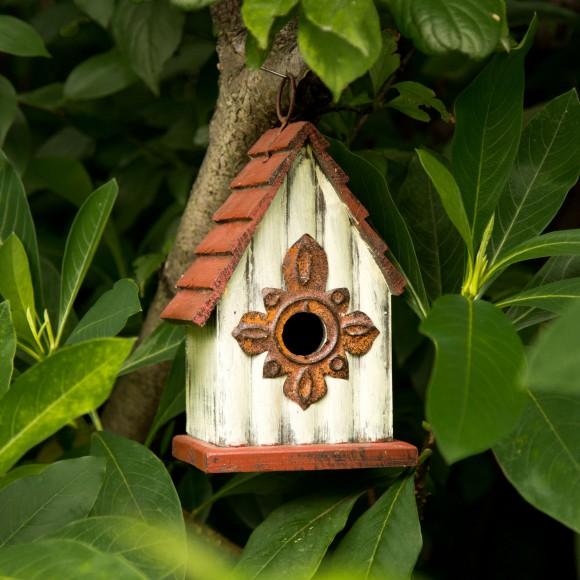 Glitzhome Glitzhome Tall White/Red Hand Painted Wood Birdhouse 8.94"