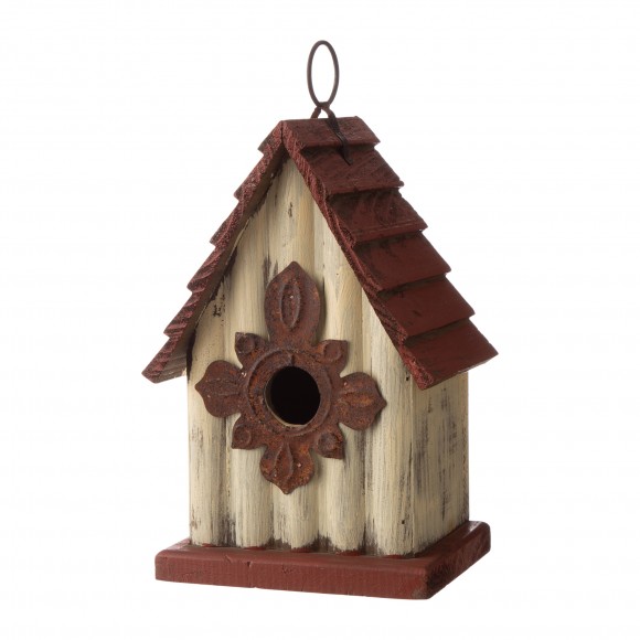Glitzhome Glitzhome Tall White/Red Hand Painted Wood Birdhouse 8.94"