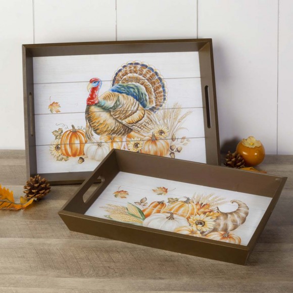 Glitzhome Glitzhome Thanksgiving Wooden Turkey Tray Set Of 2
