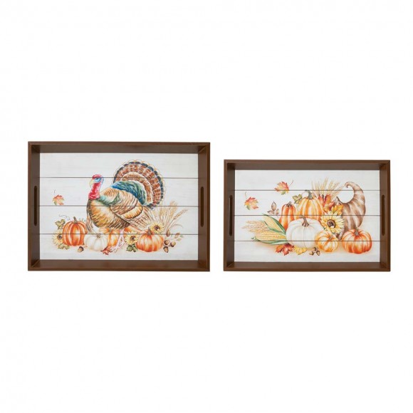 Glitzhome Glitzhome Thanksgiving Wooden Turkey Tray Set Of 2