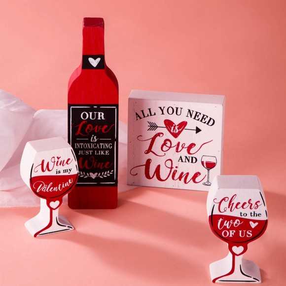 Glitzhome Glitzhome Valentine's Wooden Wine Bottle & Cup Gift Set Table Decor