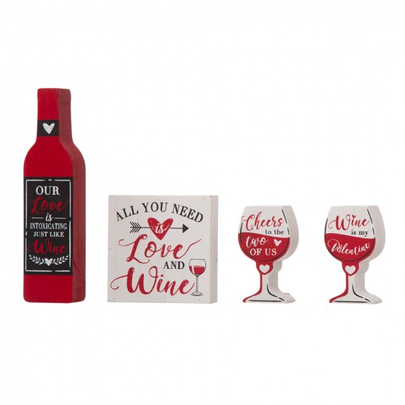 glitzhome Glitzhome Valentine's Wooden Wine Bottle & Cup Gift Set Table Decor