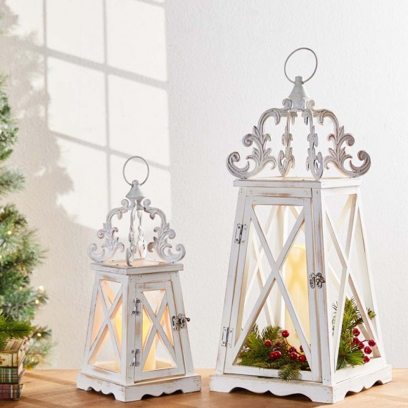 Glitzhome Glitzhome Wash White European Farmhouse Wooden Lanterns With 3D Metal Lace Top Set Of 2