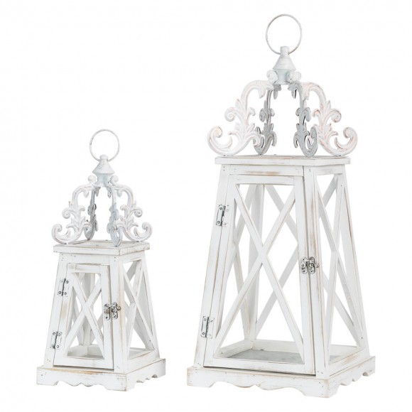 glitzhome Glitzhome Wash White European Farmhouse Wooden Lanterns With 3D Metal Lace Top Set of 2