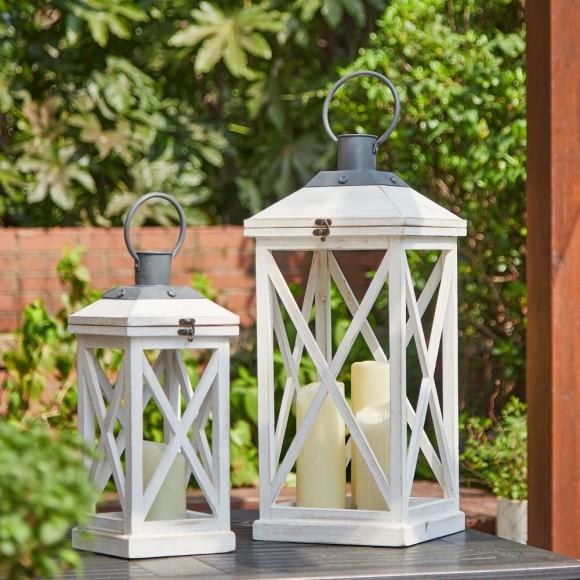 Glitzhome Glitzhome Wash White Farmhouse Modern Wooden Lanterns Set Of 2
