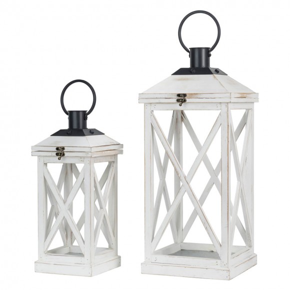 glitzhome Glitzhome Wash White Farmhouse Modern Wooden Lanterns Set of 2