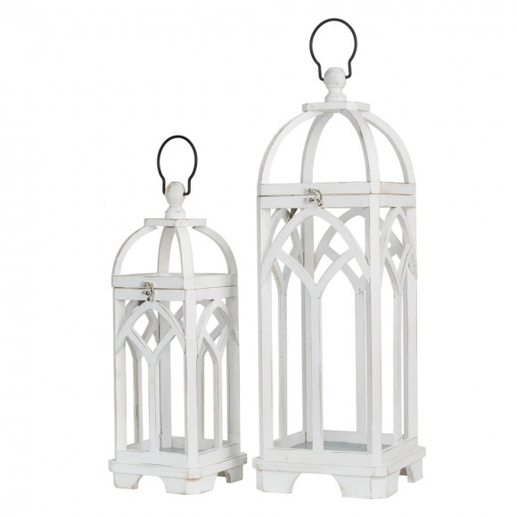 glitzhome Glitzhome Wash White Farmhouse Wooden Church Window Frame Lanterns Set of 2