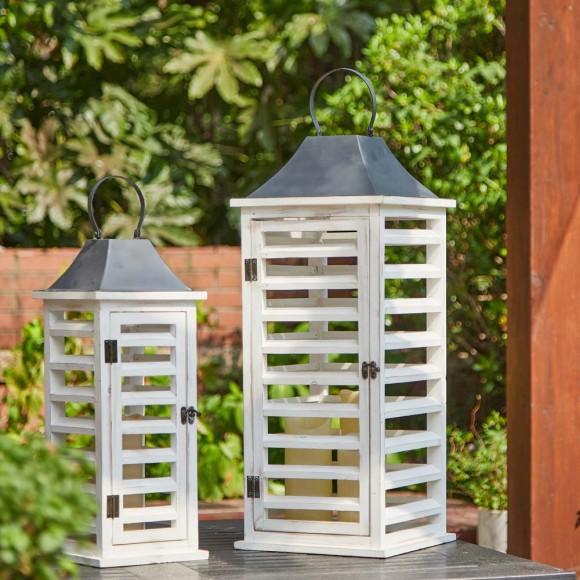 Glitzhome Glitzhome Wash White Farmhouse Wooden Shutter Lanterns Set Of 2