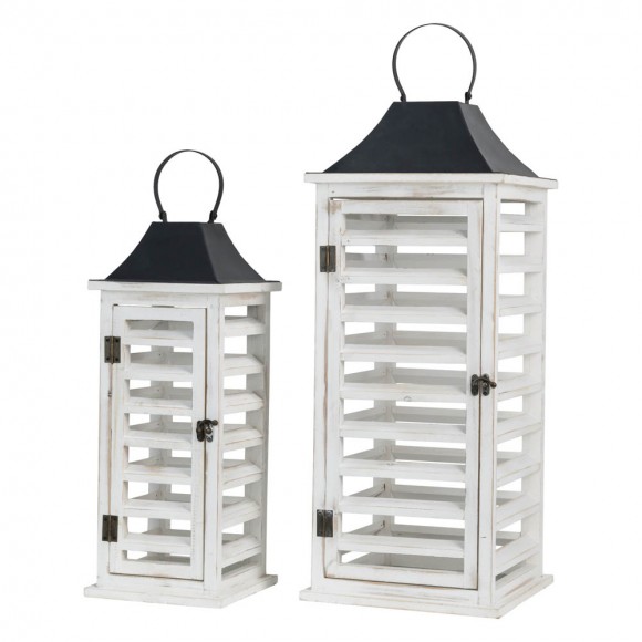 glitzhome Glitzhome Wash White Farmhouse Wooden Shutter Lanterns Set of 2