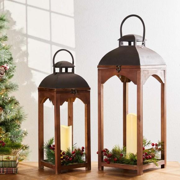 Glitzhome Glitzhome Whiskey Brown Farmhouse Modern Wood/Metal Lanterns Set Of 2