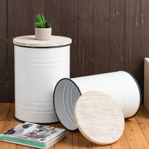 Glitzhome Glitzhome White Farmhouse Metal Enamel Storage Accent Table Or Stool With Round Wood Lid Set Of 2