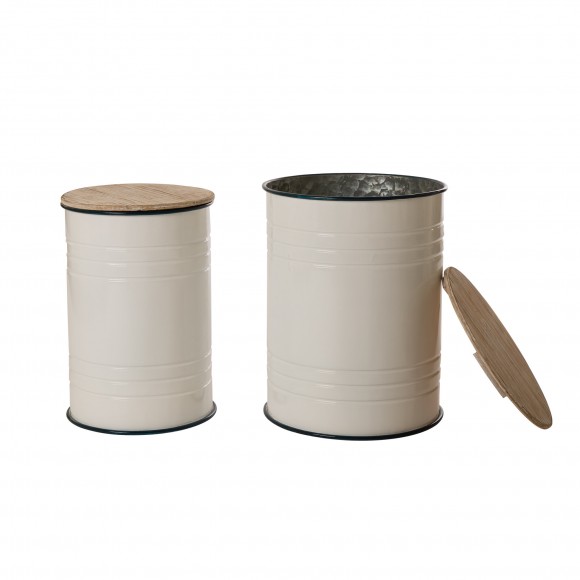 Glitzhome Glitzhome White Farmhouse Metal Enamel Storage Accent Table Or Stool With Round Wood Lid Set Of 2