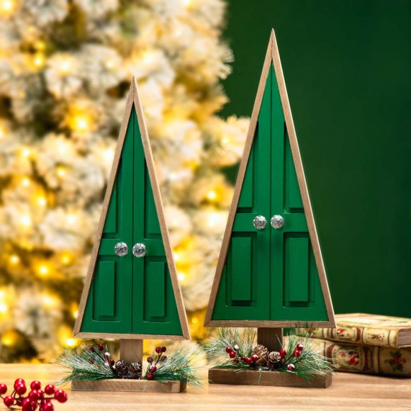 Glitzhome Glitzhome Wooden Christmas Table Tree Décor With Floral Decorations Set Of 2