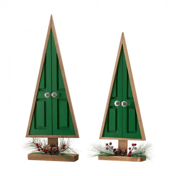 glitzhome Glitzhome Wooden Christmas Table Tree Décor with Floral Decorations Set of 2