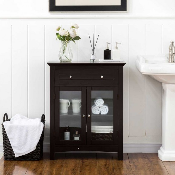 Glitzhome Glitzhome Wooden Free Standing Storage Cabinet With Drawer And Glass Double Doors Espresso