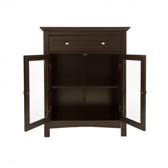Glitzhome Glitzhome Wooden Free Standing Storage Cabinet With Drawer And Glass Double Doors Espresso