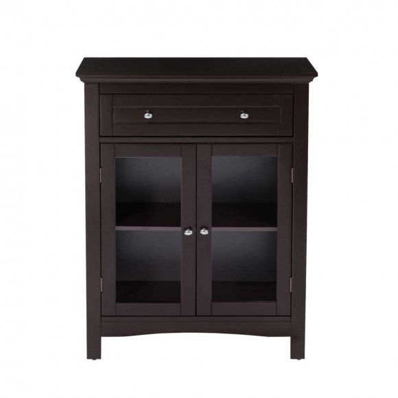 glitzhome Glitzhome Wooden Free Standing Storage Cabinet with Drawer and Glass Double Doors Espresso