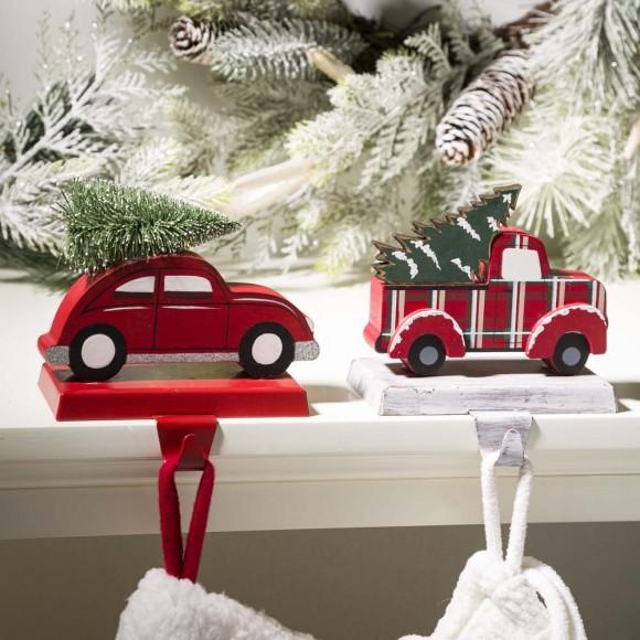 Glitzhome Glitzhome Wooden/Metal Red Car & Truck Stocking Holder Set Of 2